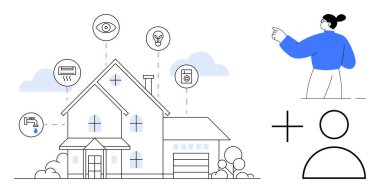 Akıllı teknoloji, ev otomasyonu, kullanıcı etkileşimi, bağlı cihazlar, modern yaşam, enerji verimliliği. Cihazları olan akıllı ev kamerayı, termostat çamaşır makinesini ve kullanıcı simgesini onaylıyor. Akıllı