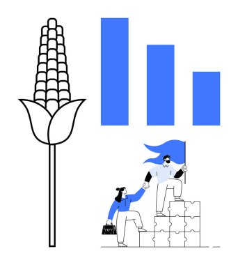 İş büyümesi, takım çalışması, tarım, başarı, işbirliği, gelişme. Bir mısır çizimi, bar çizelgesi ve yapboz parçalarına tırmanan iki kişi. İş büyümesi ve takım çalışması kavramı