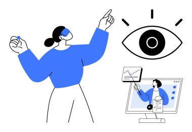 Data analysis concept. Data analysis with charts and figures, a virtual presenter, and an eye insight. Data analysis for business, education, tech, marketing, and analytics