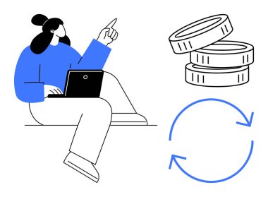 Finansal planlama, dijital işlemler, yatırım, e-ticaret, teknoloji, iş akışı döngüleri. Dizüstü bilgisayar kullanan bir kadın, bozuk paraları tazeleyen bir sembol. Finans ve dijital aktarım kavramları