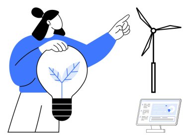 Sürdürülebilir enerji, yeşil yenilik, yenilenebilir kaynaklar, çevre dostu teknoloji, çevre araştırması, alternatif enerji. Elinde yapraklı ampul tutan kadın rüzgar türbinini işaret ediyor. Sürdürülebilir enerji