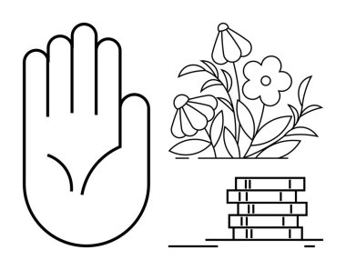 Eğitim, öz düşünme, farkındalık, doğal büyüme, öğrenme, ruhsal bağlantı. El falı, çiçekler ve sanat eserlerinde istiflenmiş kitaplar. Eğitim ve farkındalık kavramı