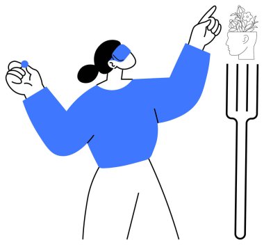 Yaratıcı ve gerçeküstü elementlerle uğraşan bir kadının soyut düz tasarım çizimi. Çatal ve bitkilerle dolu kafa şeklindeki bir demlik de dahil. Kavramların ideali yaratıcılığı ve yeniliği destekliyor