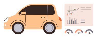 Analitik gösterge paneli grafikleri, çubuk çizelgeleri ve yüzde göstergeleriyle birlikte kompakt araba. Otomotiv analizleri, finans, performans, verimlilik, planlama ve araştırma sektörü için ideal