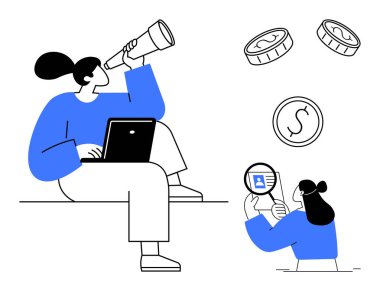 Finansal araştırma. Teleskop ve dizüstü bilgisayarla yapılan mali araçlar ve araştırmalar ekonomik büyümeyi ve yeni fırsatları vurguluyor. Girişimler için mali kalkınma, iş planlaması, analitik