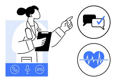 Kadın doktor pano tutuyor, uzaktan iletişim kuruyor. Konuşma balonları, kalp monitörü, kulaklıklar. Teletıp, dijital sağlık, uzaktan bakım, hasta iletişimi için ideal
