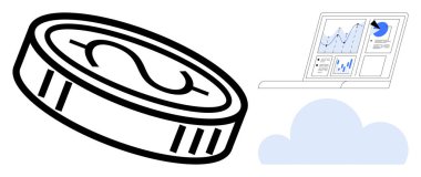 Finans, analitik, bulut teknolojisi, dijital ekonomi, yatırım sezgileri, fintech yeniliği. Bir dolar bozuk para, grafikler, bir bilgisayar ve bir bulut. Finans ve analitik kavramı