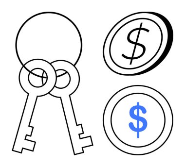 Güvenlik, erişim, çevrimiçi işlemler, finansal büyüme, tasarruf, iş. İki anahtar ve dolar sembollü iki bozuk para. Minimalist tasarımlarla güvenlik ve erişim kavramları