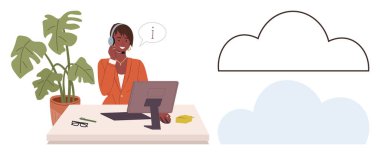 Masaüstü bilgisayarı üzerinde çalışırken kulaklık kullanan müşteri desteği uzmanı. Saksı bitkisi, gözlük, bulut çizgisi dahil. Müşteri desteği, takım çalışması, uzaktan çalışma ve iletişim için ideal