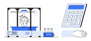 Sağlık teknolojisi, organ baskısı, 3D baskı, yenilik, tıbbi gelişmeler, gelecekteki çözümler. Üç boyutlu bir yazıcı, hesap makinesi ve elin yanında bir insan kalbi yaratıyor. Sağlık Hizmetleri