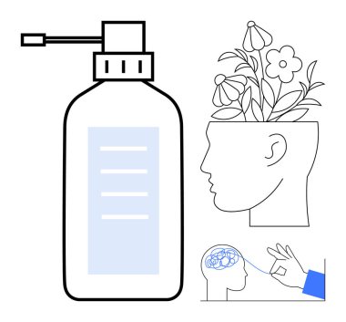 Çiçekli baş silueti ve sinirsel düşünce işleminin yanında sprey şişesi. Akıl sağlığı, yaratıcılık, farkındalık, terapi, kendine bakım, refah, yenilik için idealdir. Basit düz metafor