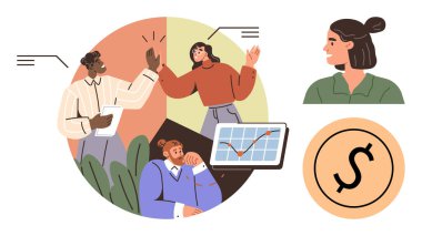 Çeşitli takım üyeleri stratejileri tartışıyor, dizüstü bilgisayarları analiz ediyor, fikir alışverişinde bulunuyor ve hedefleri kutluyorlar. Takım çalışması, üretkenlik, finans, yenilik, başarı motivasyon ve liderlik temaları için ideal