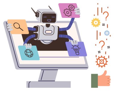 Arama, ağ, teknoloji ve fikirler için ekran simgelerinden çoklu görev yapan robotlar. Otomasyon, yenilik, yapay zeka, teknoloji problem çözme yaratıcılığı için idealdir. Basit düz