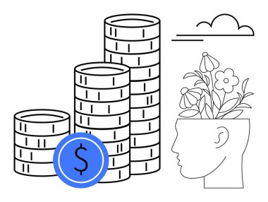 İnsan kafasının yanında dolar işareti olan birikmiş paralar çiçeklerin filizlenmesi zenginliği, yaratıcılığı ve büyümeyi simgeler. Finans, yatırım, girişimcilik, yenilik, eğitim, sürdürülebilirlik için ideal