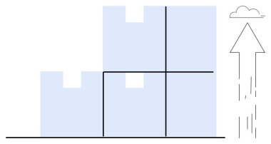 Büyüme, gelişme, iş stratejisi, ilerleme, hedef başarı, başarı görselleştirme. Yukarı doğru ok ve bulutla istiflenmiş bloklar. Büyüme ve iş stratejisi kavramı