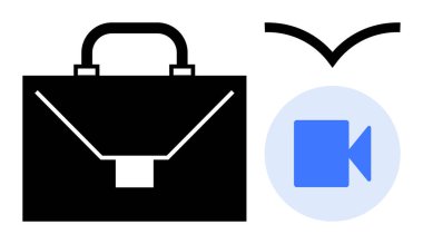 Profesyonel hizmetler, uzaktan çalışma, dijital iletişim, iş araçları, çevrimiçi konferans, sanal bağlantı. İçinde video ikonu ve kuş tasarımı olan siyah bir çanta. Profesyonel hizmetler