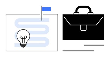 İş planlaması, yenilik, hedefler, büyüme stratejisi, girişimcilik, proje yönetimi. Ampul, bayraklı zaman çizelgesi ve evrak çantası sembolleri. İş planlaması ve yenilik kavramı