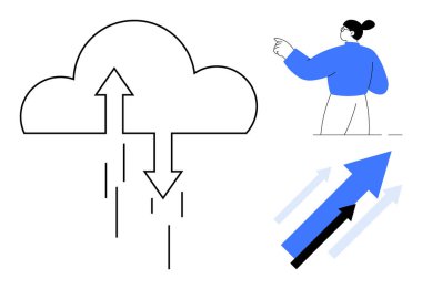 Bulut deposu, teknoloji, veri paylaşımı, iletişim, uzaktan erişim, bilgi transferi. Oklu bulut simgesi, yön gösteren oklar. Bulut depolama ve teknoloji kavramı
