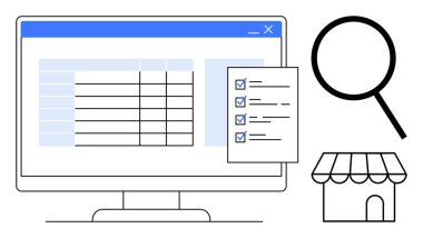 Hesap tablosu olan masaüstü ekranı, işaretli kontrol listesi, büyüteç ve mağaza önü. Perakende, envanter, organizasyon, analitik, küçük işletme planlaması için ideal basit düz metafor