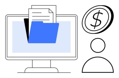 Dosya depolama, çevrimiçi ödemeler, dijital yönetim, veri örgütü, bulut hizmetleri, finansal işlemler. Kullanıcı simgesinin yanında dijital klasörü ve dolar sembolü olan bir monitör. Dosya depolama