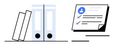 Kullanıcı profili simgesi ve kontrol listesi olan belgelerin yanındaki kitaplar ve klasörler. İş, organizasyon, veri yönetimi, HR analizi, kayıt tutma, iş akışı için ideal, basit düz metafor