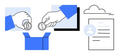 Kripto para birimi, dijital ödemeler, engelleme teknolojisi, mali işlemler, bulut depolama, çevrimiçi güvenlik. Bozuk paralarla, profil belgeleriyle ve bulut simgesiyle. Kripto para birimi ve dijital