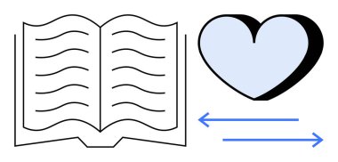 Eğitim, duygusal bağlantı, öğrenme, iletişim, okuma, değişim. Oklu kitap ve kalp ikonu. Eğitim ve duygusal bağlantı kavramı
