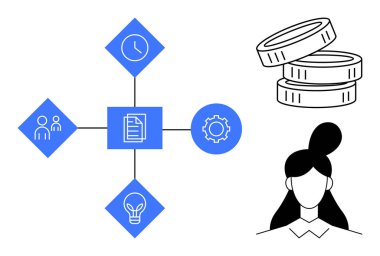 Çalışma, takım çalışması, yenilik, finans, organizasyon yönetimi, verimlilik. İşbirliği, zaman fikirleri ve ayarları için simgelere bağlı belge akışı. Çalışma akışı ve takım çalışması kavramı