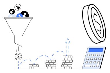 Finansal strateji, ticari işlemler, gelir artışı, yatırım, veri analizi, maliyet optimizasyonu. Bozuk paraları filtreleme hunisi, hesap makinesinin yanına sıçrama desteleri. Mali strateji ve iş