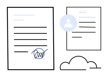 Dijital dönüşüm, uzaktan çalışma, e-imzalar, belge güvenliği, bulut depolama, kimlik doğrulama. İmza, kullanıcı simgesi ve bulut ile biçimlendirilmiş belge. E-imzalar ve bulut depolama