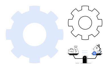 Finansal planlama. Basitleştirilmiş teçhizat ve denge ölçeği para, emlak ve tasarruf simgeleri ile. Bütçe, yatırım ve mülkiyet kararları için mali planlama. Ekonomi ve emlak için