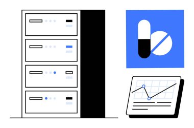 Veri depolanmış sunucu yığını, mavi etiketli bir hap ve yükselen eğilimli analitik çizelgesi. Sağlık, teknoloji, tıbbi veriler, araştırma, yenilik istatistik veritabanı için ideal. Asgari