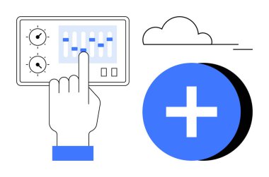 Dijital ayarlar konsepti. Kontrol paneli, bulut ve artı simge içeren dijital ayarlar. Sistem yönetimi için dijital ayarlar, UI tasarımı, veri organizasyonu, bulut çözümleri, yenilik
