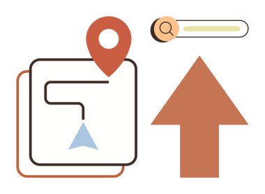 Güzergah, konum iğnesi, yukarı doğru ok ve basit bir düz metaforda yön, yön, keşif, yol bulma, haritalama, konum izleme ve üretkenliği sembolize eden arama çubuğu ile harita