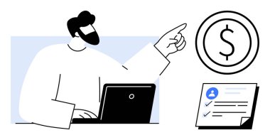 Adam dizüstü bilgisayarla etkileşime geçiyor, kontrol listesi belgesinin yanındaki dolar işareti sembolüne işaret ediyor. Finans, üretkenlik, çevrimiçi iş, para yönetimi, görev tamamlama, hedefler, basit düz metafor