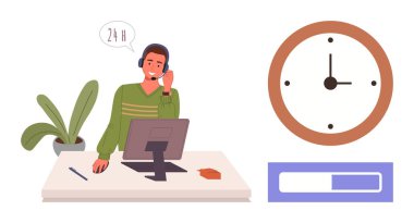 Masasında bilgisayar, bitki, saat ve ilerleme çubuğu olan bir kulaklık takan adam. Müşteri hizmetleri, destek, zaman yönetimi, ulaşılabilirlik verimlilik çağrı merkezi verimlilik temaları için idealdir. Düz