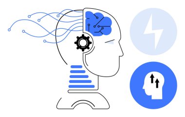 Yapay zeka konsepti. İnsan kafası, beyin ağları ve teknolojik ikonlar tarafından desteklenen yapay zeka. Yenilik, otomasyon ve veri akışı için yapay zeka uygulamaları