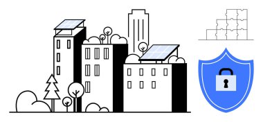 Sürdürülebilirlik kavramı. Güneş paneli binaları ve çevre dostu sistemlerle sürdürülebilirlik. Sürdürülebilirlik yeşil enerji ve şehir güvenliğini birleştirir. Çevre teknolojisi, akıllı şehirler için