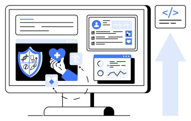 Sağlık teknolojisi, veri güvenliği, teletıp, sağlık analizi, dijital kayıtlar, yazılım geliştirme. Sağlık verileri, simgeler ve kodlama sembolleriyle bilgisayar ekranı. Sağlık teknolojisi ve verileri