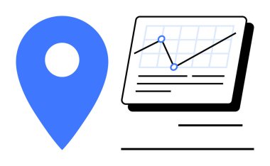 Mavi lokasyon bir çizgi grafiğinin yanında veri noktaları, izleme, analiz ve görselleştirmeyi temsil ediyor. Veri stratejisi, büyüme analizi, coğrafi konum, raporlar, teknoloji haritalama için ideal