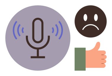 Ses dalgalı mikrofon, üzgün bir yüz ve baş parmaklı bir el hareketi karışık geri bildirim, iletişim, değerlendirmeler veya eleştirileri yansıtır. Yorum, derecelendirme, etkileşimli podcasting kullanıcısı için ideal