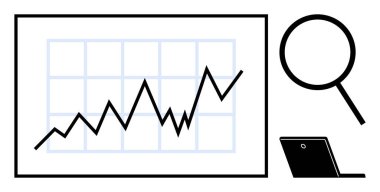 Yükselen trend çizgisi, büyüteç ve dizüstü bilgisayarı olan grafikler. Analiz, iş büyümesi, finans, araştırma, pazarlama stratejisi eğitimi için idealdir. Basit düz metafor