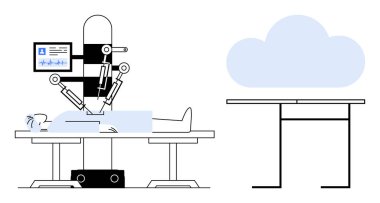 Robot cerrahi, bulut hesaplama, yapay zeka, sağlık teknolojisi, veri depolama, tıbbi gelişmeler. Bulut simgesi olan hastayı ameliyat eden robot. Robot cerrahi ve bulut hesaplama kavramı