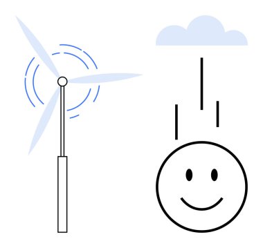 Yenilenebilir enerji. Rüzgar türbini temiz enerji üretiyor, yağmur bulutları ve yenilenebilir enerji üreten mutlu bir gülümseme amblemi. Sürdürülebilirlik için yenilenebilir enerji, yeşil yenilik, eko teknolojileri