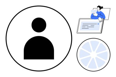 Kullanıcı profili konsepti. Kullanıcı profili simgesi modern teknoloji sembolleri ve yaratıcı elementlerle eşleştirildi. Dijital platformlar için kullanıcı profili, hesap yönetimi, uygulama tasarımı, iş dünyası, çevrimiçi hizmetler