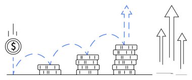Bozuk paraların yüksekliği artar ve mavi çizgiler yukarı doğru hareket ettiğini gösterir. Oklar finansal büyümeyi, karı ve başarıyı gösteriyor. Yatırım, tasarruf, finans, strateji ve iş için ideal