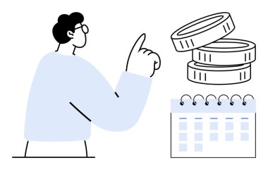 Bütçe, tasarruf, finansal planlama, zaman yönetimi, ekonomik strateji, iş organizasyonu. Bozuk paraların ve takvimin yanına bakan kişi. Bütçe ve tasarruf kavramı