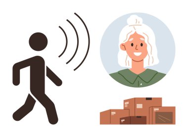 Sinyal dalgalarıyla konuşan, gülümseyen bir kadın ve istiflenmiş kutular. Takım çalışması, lojistik, müşteri hizmetleri, iletişim, dağıtım süreci ve iş için ideal. Basit düz metafor