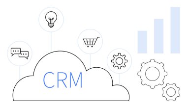 CRM konsepti. CRM sistemleri analitik ve araçları kullanarak bulut hesaplama müşteri yönetimini destekliyor. CRM iş süreçlerini düzenliyor ve müşteri deneyimlerini geliştiriyor. İş ve veri kavramları