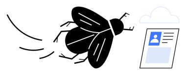 Dijital güvenlik tehdidi. Kullanıcı profili verilerine yaklaşan bir böcek zararlı yazılımının görüntüsü dijital bir güvenlik tehdidini vurguluyor. Siber güvenlik farkındalığı ve veri koruması için kullanışlı. Başlıklar için ideal